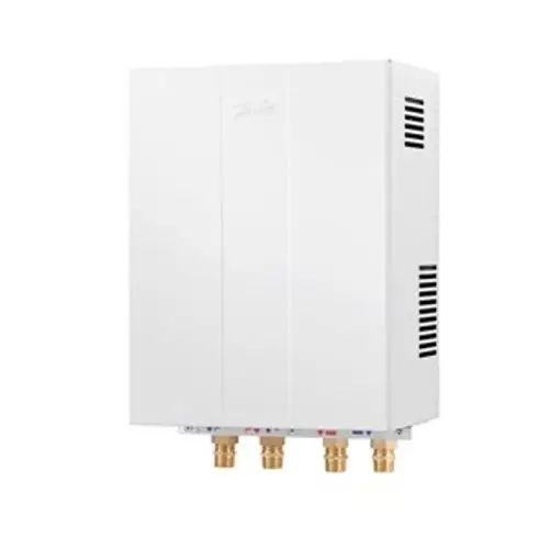 Weißer Durchlauferhitzer von Danfoss mit mehreren Anschlussleitungen an der Unterseite und Lüftungsschlitzen an der Seite.